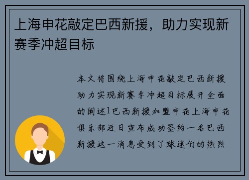 上海申花敲定巴西新援，助力实现新赛季冲超目标